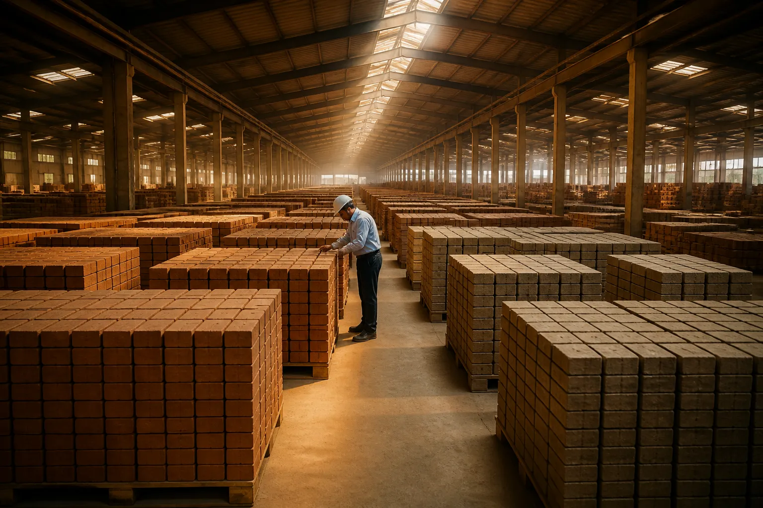 Inside the DXT Ashcore fly ash brick manufacturing facility with rows of stacked bricks under dramatic industrial light