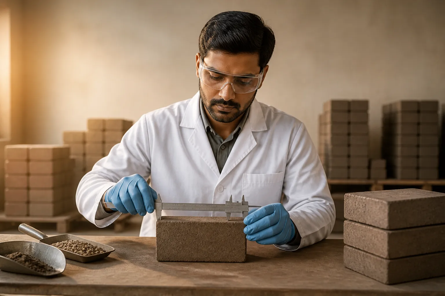 DXT Ashcore quality control technician measuring a fly ash brick for dimensional accuracy