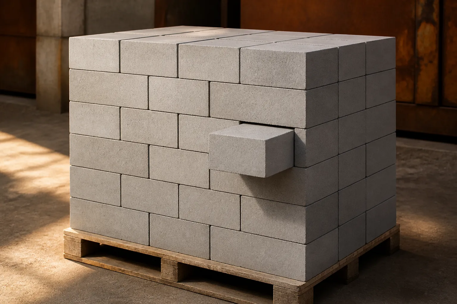 Uniform DXT Ashcore fly ash bricks stacked on factory floor showing precise dimensions and smooth finish