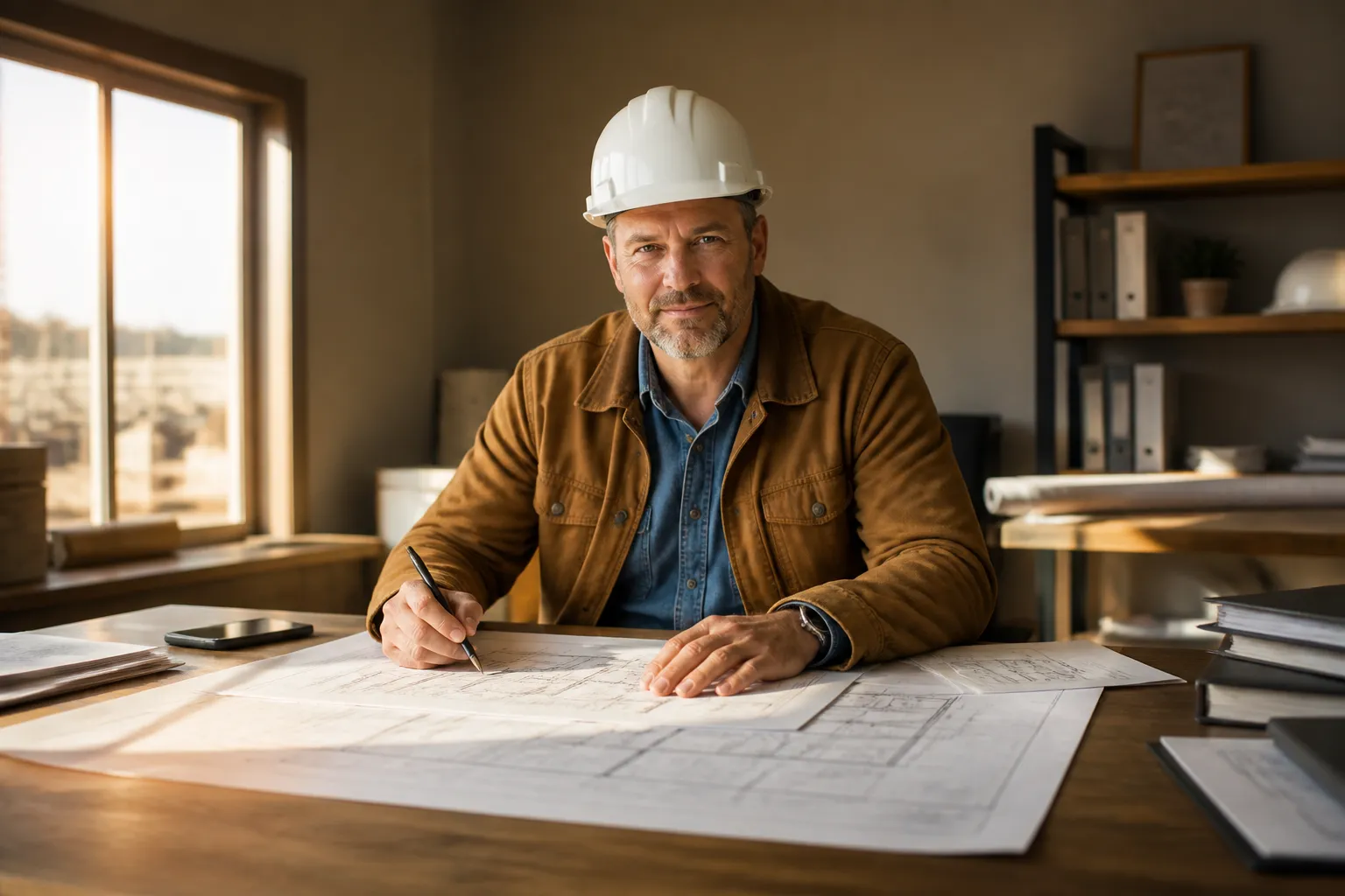 Construction project manager reviewing project plans at a site office