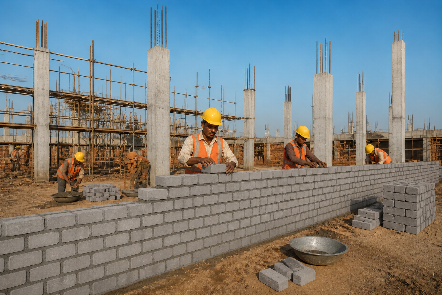 Construction workers in orange safety vests and yellow helmets laying DiXit FlyAsh bricks at a large site in Maharashtra